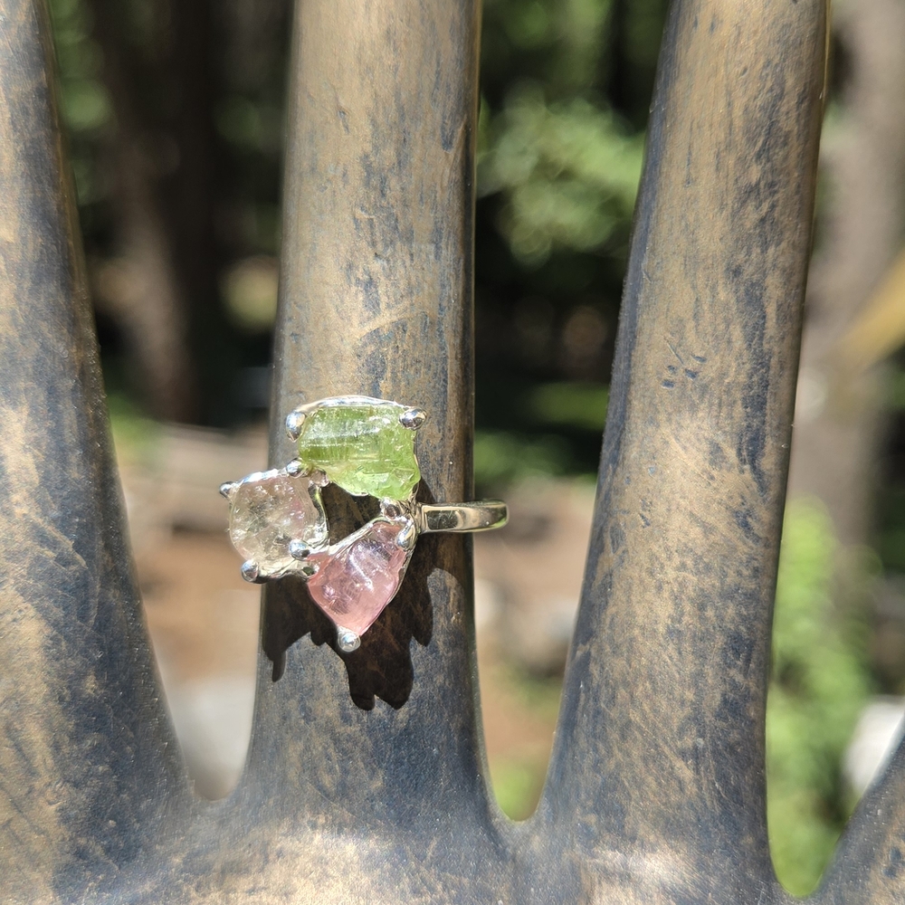 Green & Pink Tourmaline Triade Gemstone Sterling Ring Sz7.75 - Picture 1 of 8
